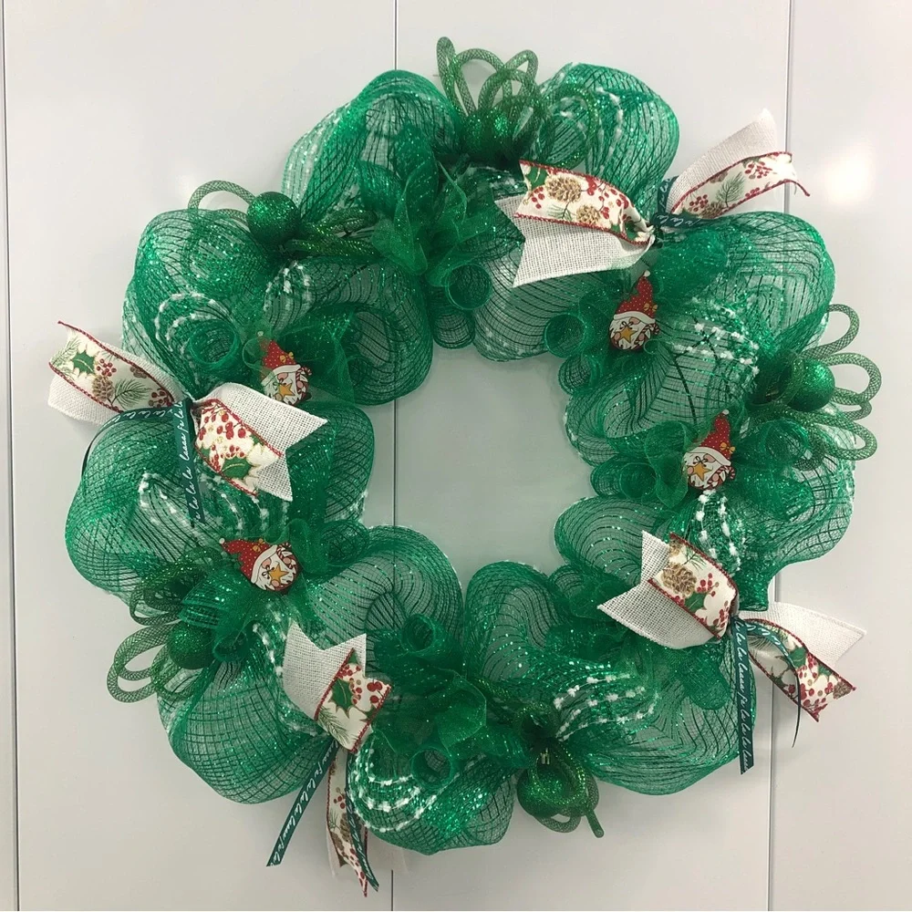 Handmade Gnome Deco Mesh Wreath Green White Winter Christmas Xmas Ribbon Glitter